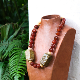 Antique handcrafted jade with agate & auspicious wood bead necklace
