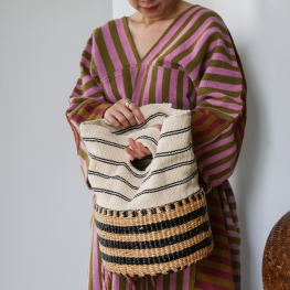 Cotton basket bag, black&white stripe handheld