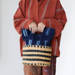 Blue cotton basket bag with handheld