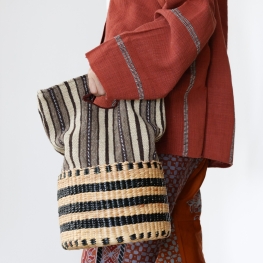 Stripe cotton basket bag with handheld