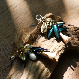 Hook earrings with seashell and beetle wings
