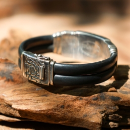 Genuine rubber bracelet with 925 sterling silver double jumbo horn