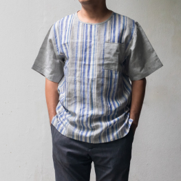 Round neck linen top, striped light  gray  