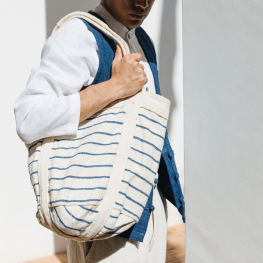 White & blue stripe cotton bag