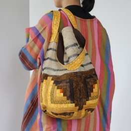 Patchwork bucket bag with natural & stripe piad