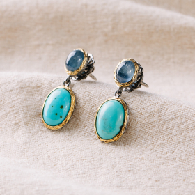 Blue Sapphire, Turquoise, Gold Plated Silver Earrings