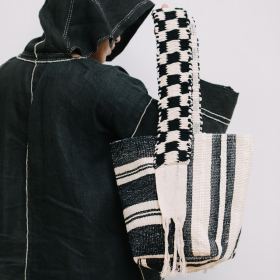 Natural & black stripe with checkered strap crossbody bag