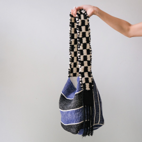 Indigo & black stripe with hand woven checkered strap crossbody bag