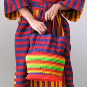 Cotton striped basket bag (red & blue with strap)