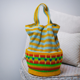 Cotton striped basket bag (mint & yellow with strap)