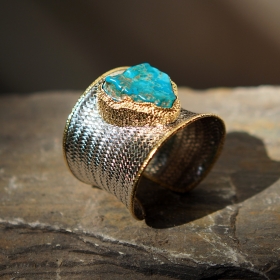 Raw turquoise & gold plated hand-woven silver cuff