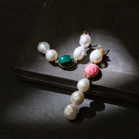 Baroque pearl drop earrings with pink Opal & Malachite