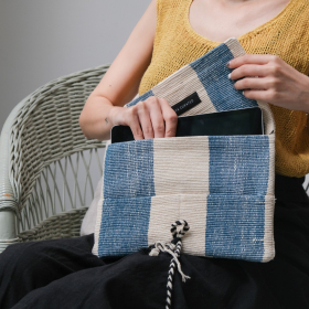 Karen, white-indigo stripe hand woven tablet bag