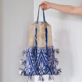 Laos Jungle Vine bag with blue & brown Tai Lue fabric and indigo Lua tassel