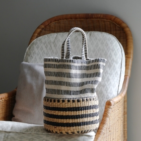 Cotton stripe basket bag, black&white with strap