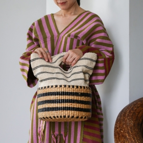 Cotton basket bag, black&white stripe handheld