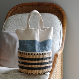 Cotton stripe basket bag, white&indigo with strap