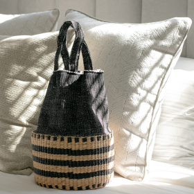 Cotton Striped Basket Bag (black with strap)
