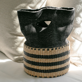 Cotton Striped Basket Bag (black- handheld)