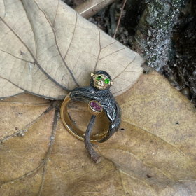 Silver monkey ring with rhodolite and tsavorite