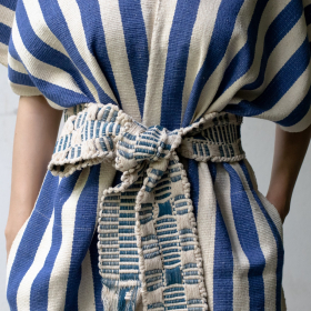 Karen cotton hand woven belt- White with indigo pattern 