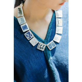 Blue & White Mosaic and Silver Necklace