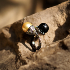Golden southsea pearl & black spinel with tsavorite gold & ruthenium plated silver ring