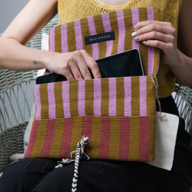 Karen, pink-olive stripe hand woven tablet bag