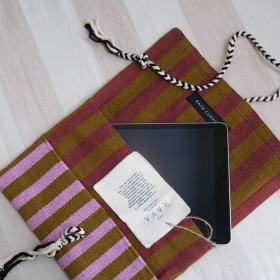 Karen, olive-violet stripe hand woven tablet bag