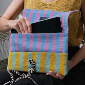 Karen, blue-pink stripe hand woven tablet bag