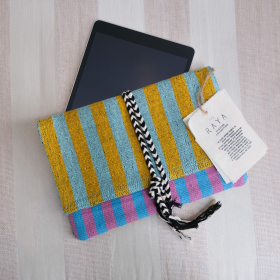 Karen, yellow-mint stripe hand woven tablet bag