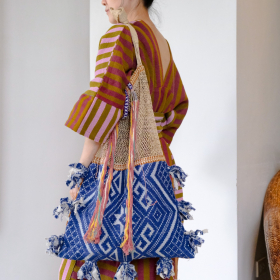 Laos Jungle Vine bag with blue & brown Tai Lue fabric and pink Lua tassel