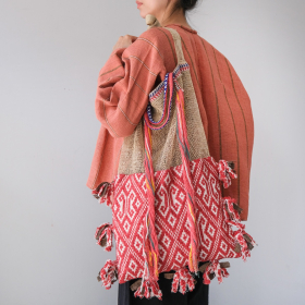 Laos jungle vine natural & red with old fabric & tassel bag
