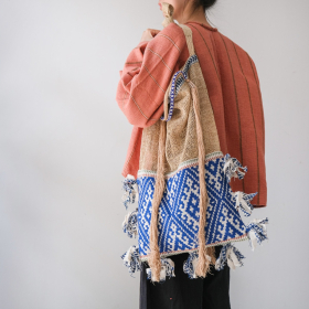 Laos jungle vine blue & red  with old fabric & natural tassel bag 