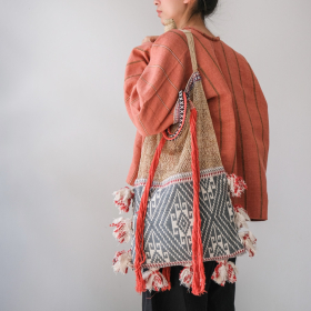 Laos jungle vine red & grey  with old fabric & red tassel bag 