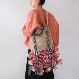 Laos jungle vine grey & red with old fabric & tassel bag 