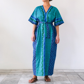 Hand painted Batik DRESS with belt Green - Blue