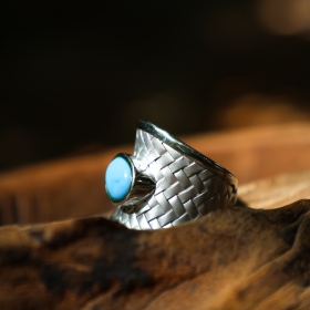 Hill tribe rhodium-plated silver ring with blue topaz and turquoise