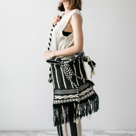 Karen fringe black &amp; white with braid strap hand woven cotton bag