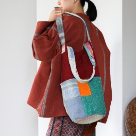 Kantha bucket bag with ruby piad