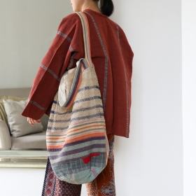 Kantha bucket bag with natural stripe piad