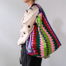 Lahu applique hand-stitched hobo bag, green & red