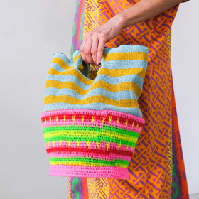 Cotton striped basket bag L (mint &yellow handheld)