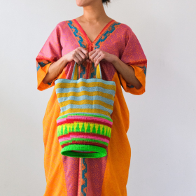 Cotton striped basket bag L (mint &yellow with strap)