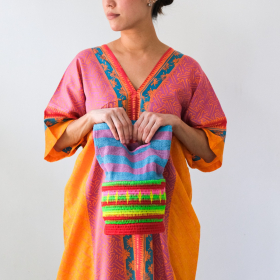 Cotton striped basket bag M (pink &blue handheld)